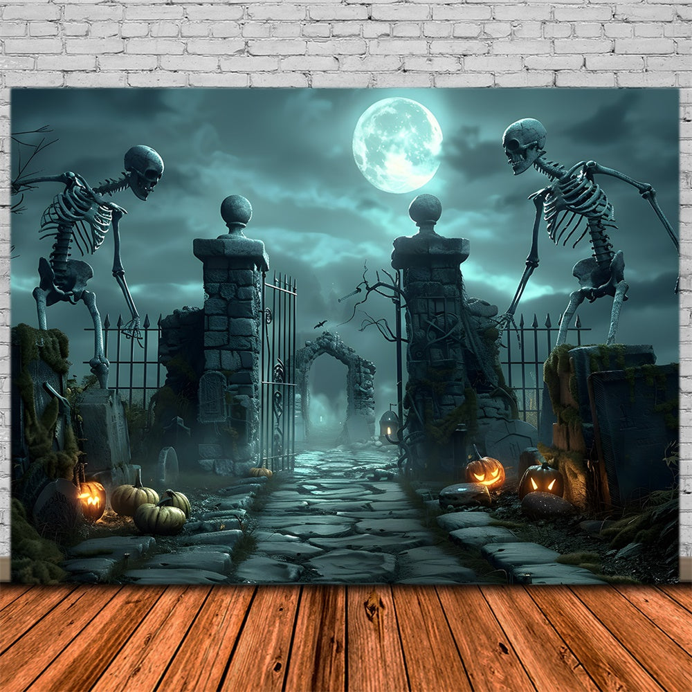 Halloween Gruseliges Skelett-Friedhofstor Hintergrund RR7-457