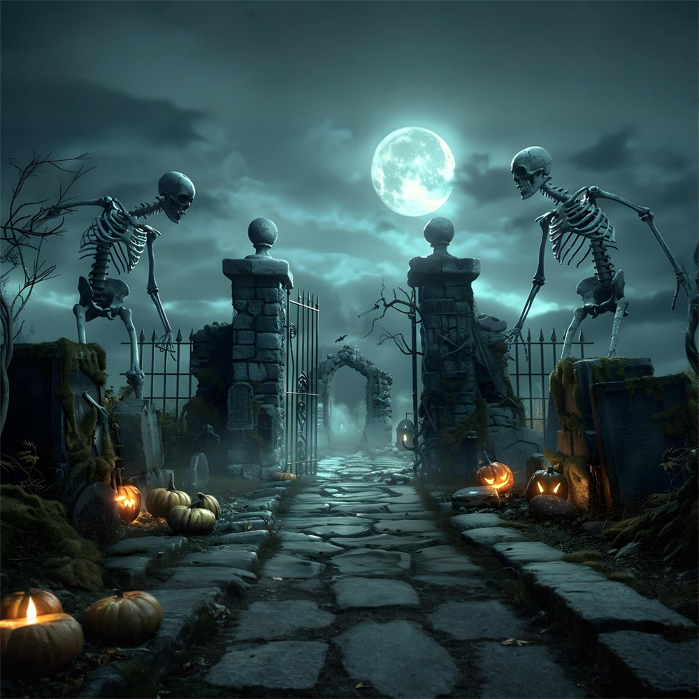 Halloween Gruseliges Skelett-Friedhofstor Hintergrund RR7-457