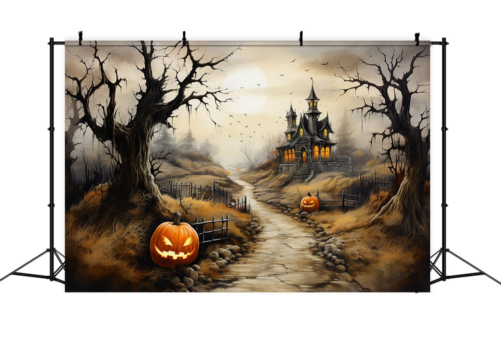 Halloween Gruselige Burg Pfad Kürbis Hintergrund RR7-460