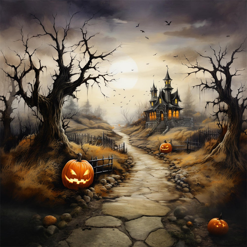 Halloween Gruselige Burg Pfad Kürbis Hintergrund RR7-460