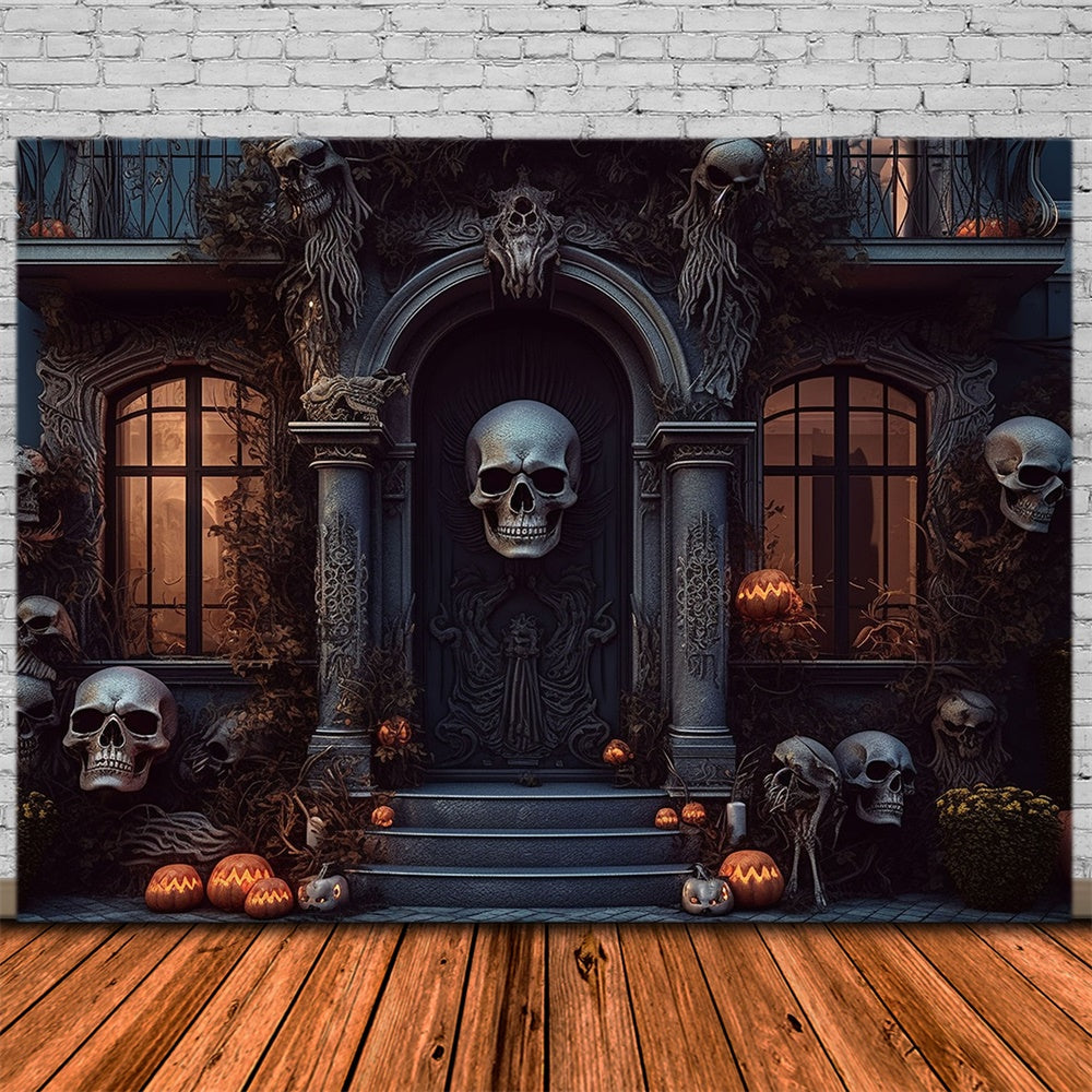 Gespenstische Haustür Totenkopf Halloween Hintergrund RR7-462