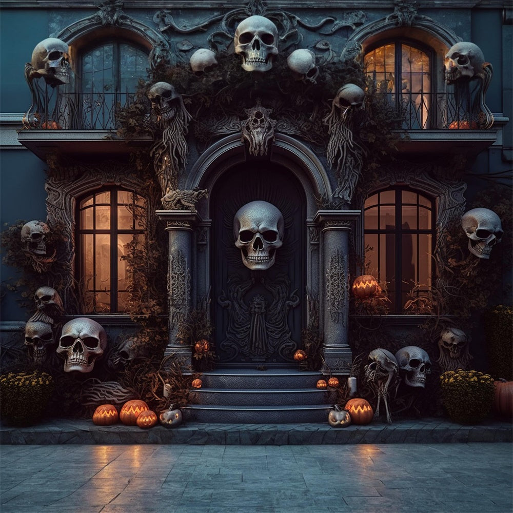 Gespenstische Haustür Totenkopf Halloween Hintergrund RR7-462