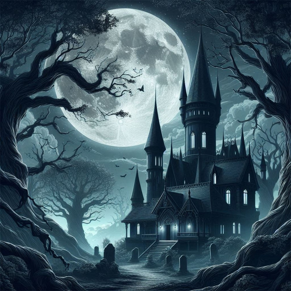 Halloween Gespenstisches Schloss Vollmond Fotohintergrund RR7-484