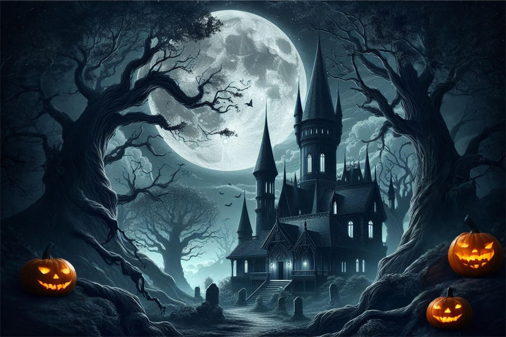 Halloween Gespenstisches Schloss Vollmond Fotohintergrund RR7-484