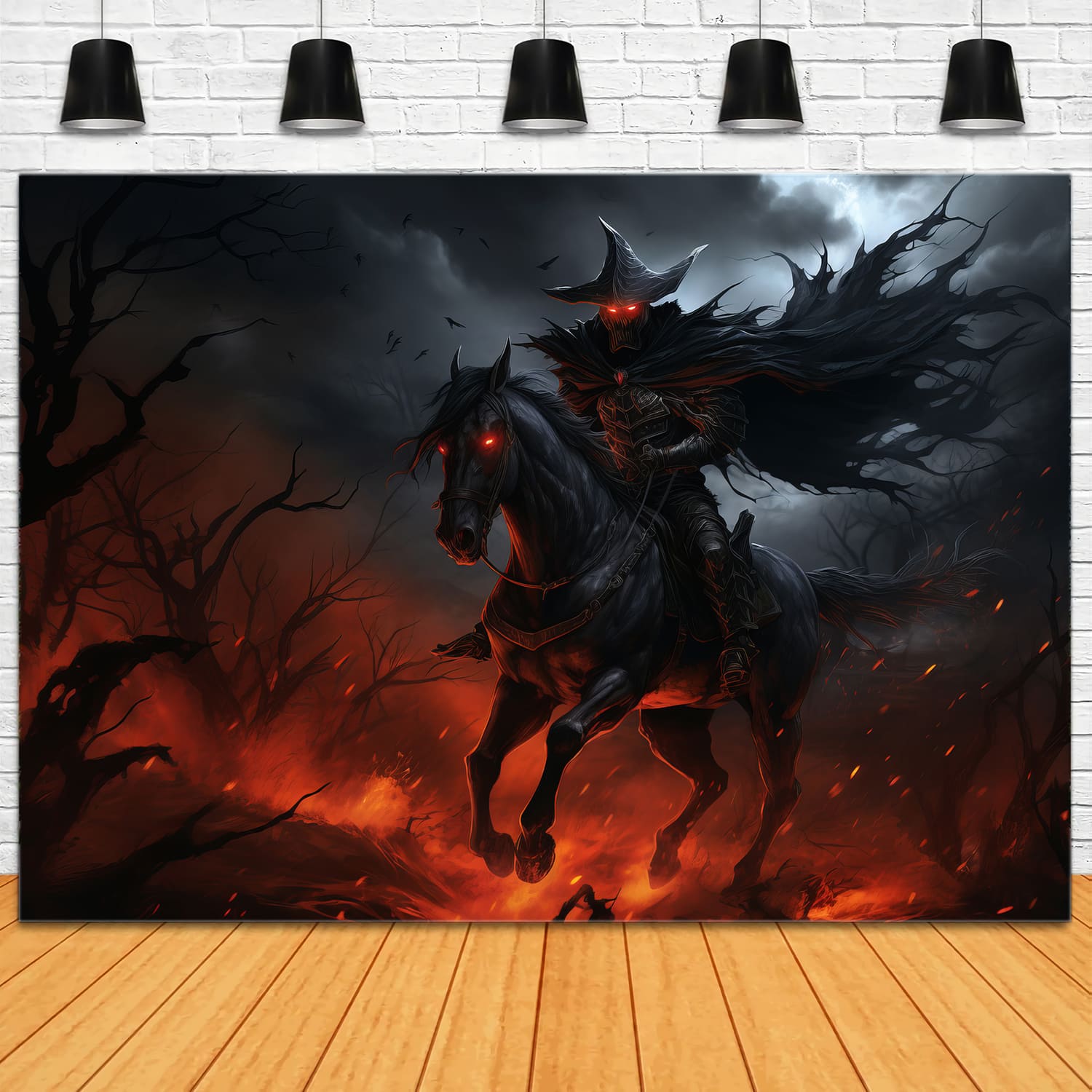 Ritter reitet Pferd auf Feuer Halloween Hintergrund RR7-54