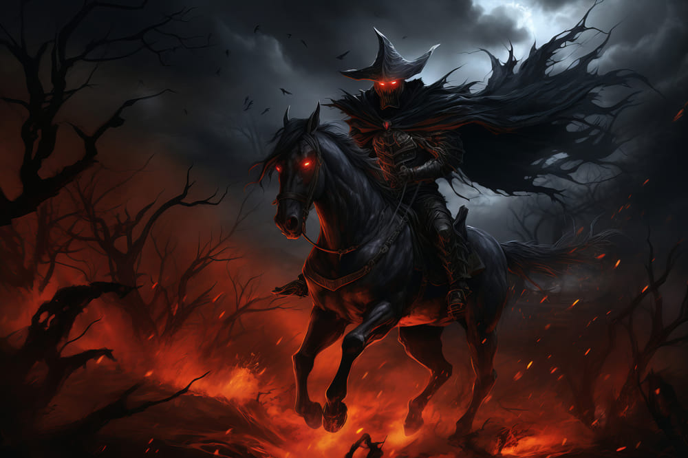 Ritter reitet Pferd auf Feuer Halloween Hintergrund RR7-54