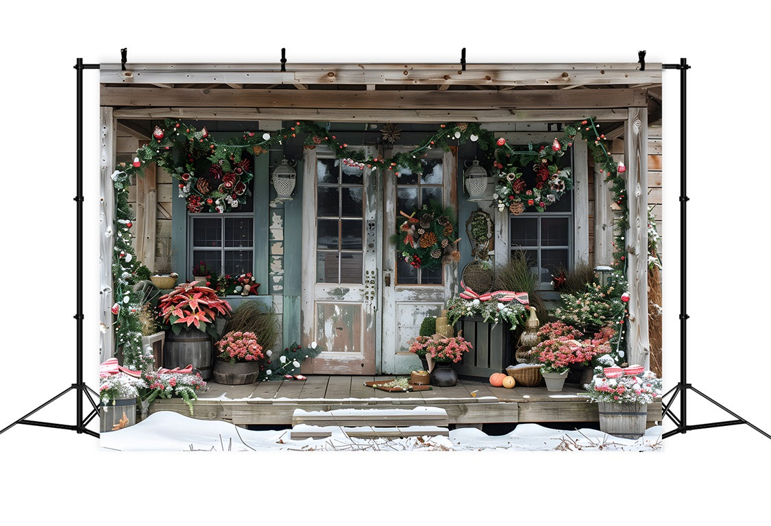 Weihnachten Rustikale Veranda mit Weihnachtssternen Hintergrund RR7-625