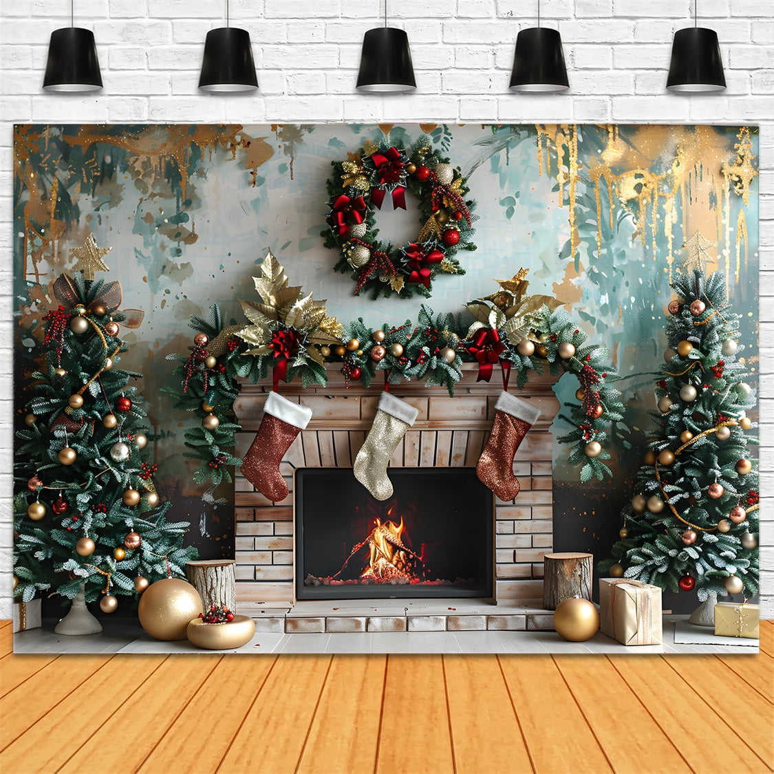Weihnachten Festlicher Kamin Rot-Gold-Dekorationen Hintergrund RR7-627