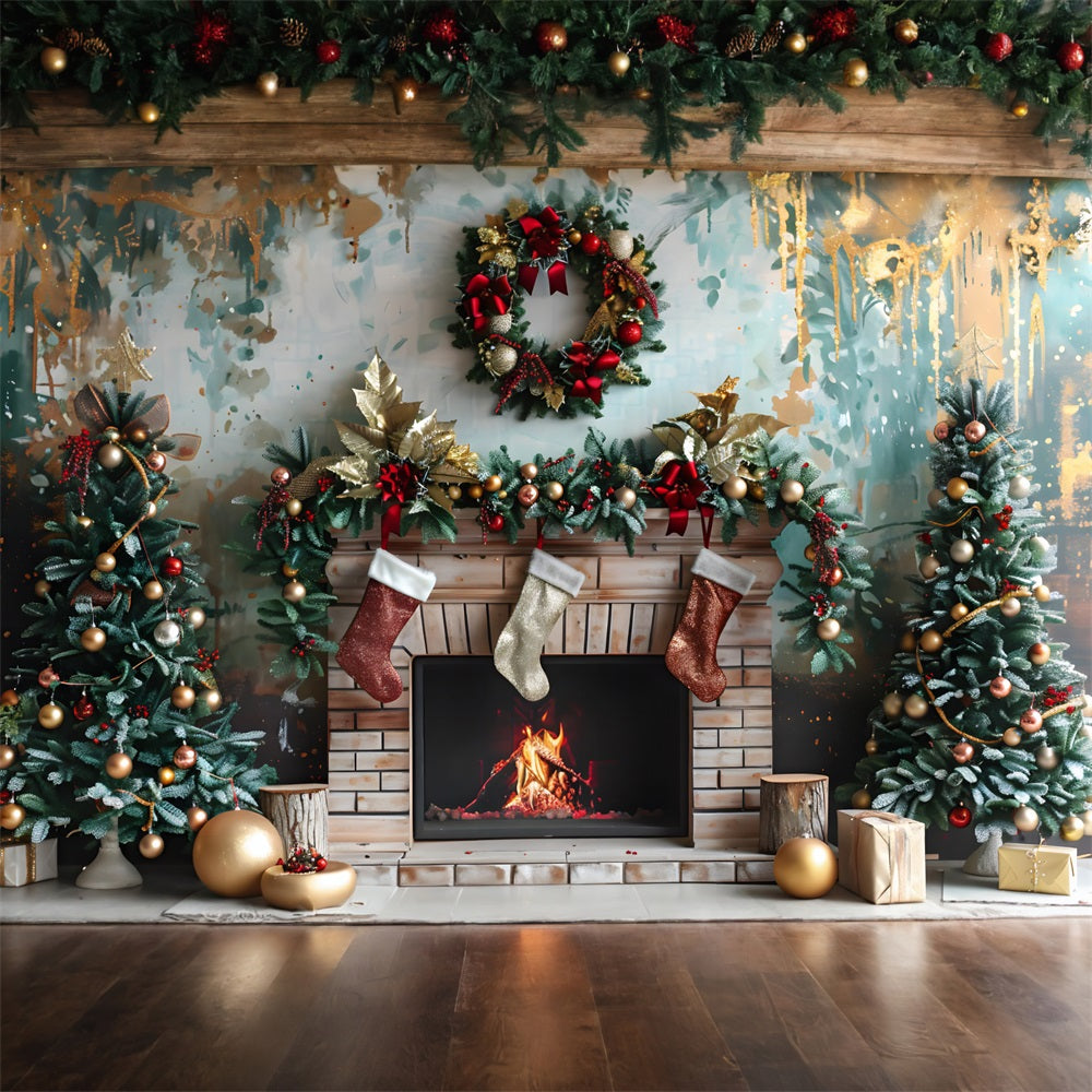 Weihnachten Festlicher Kamin Rot-Gold-Dekorationen Hintergrund RR7-627