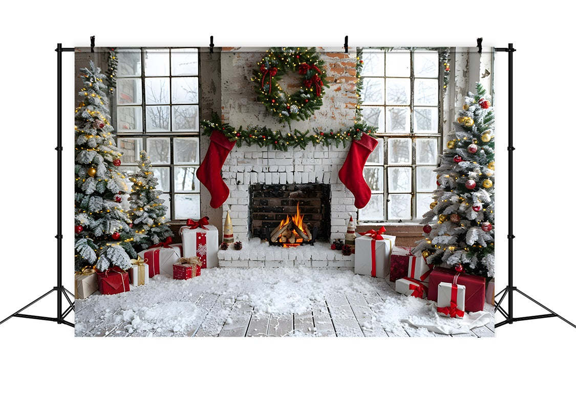 Weihnachtsstrumpf Kamin Geschenk Baum Hintergrund RR7-629