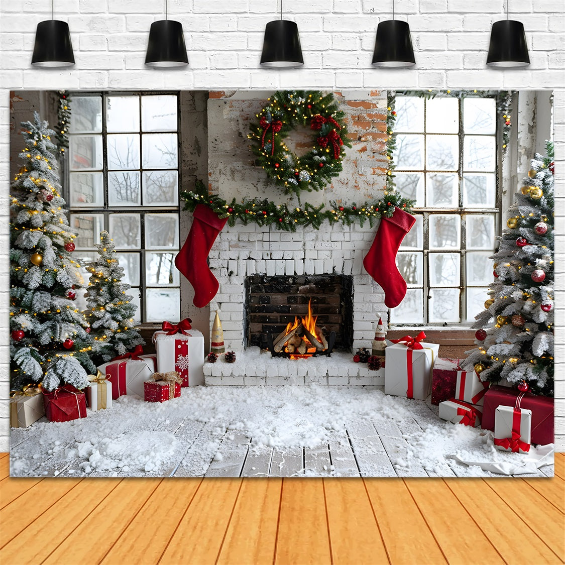 Weihnachtsstrumpf Kamin Geschenk Baum Hintergrund RR7-629