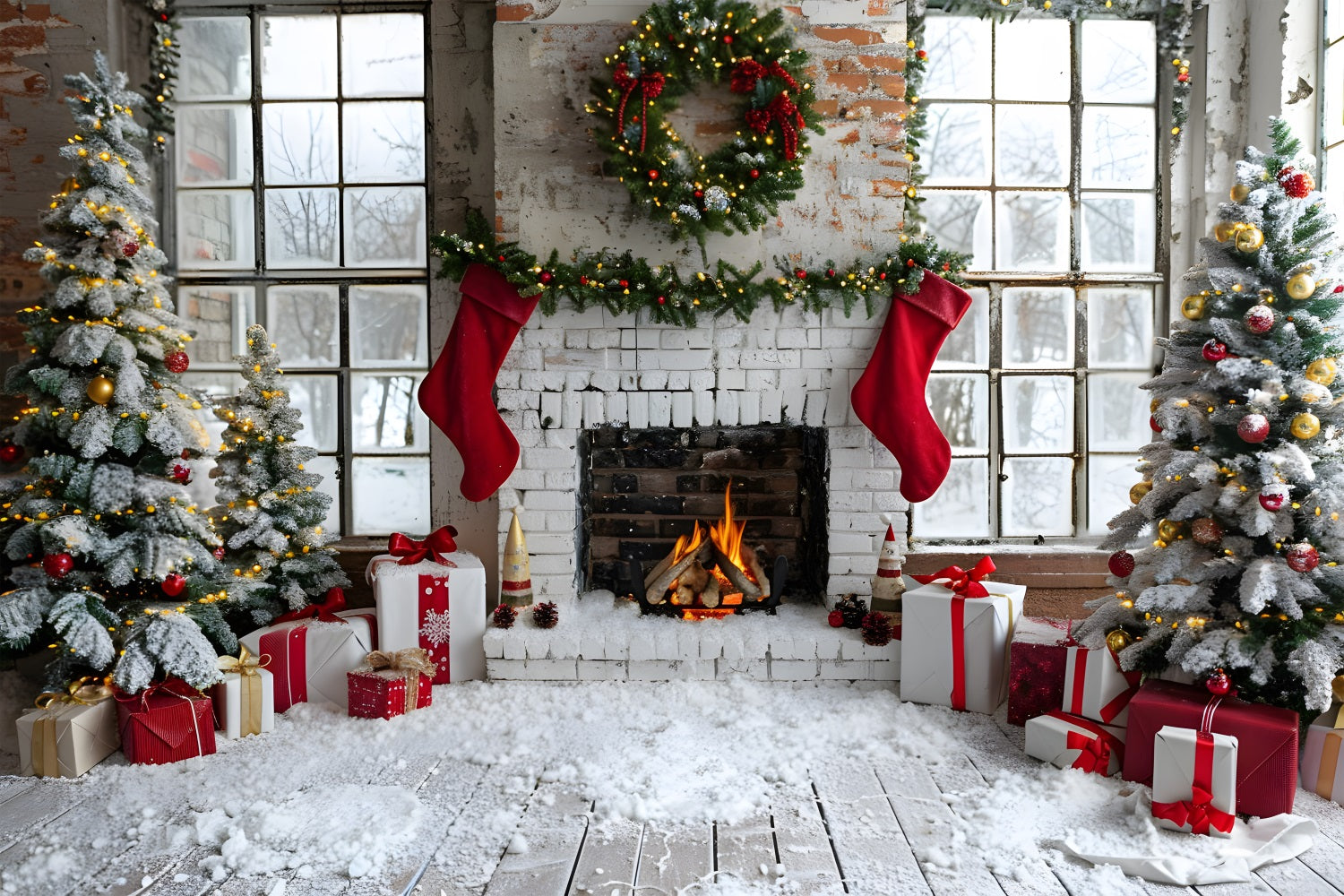Weihnachtsstrumpf Kamin Geschenk Baum Hintergrund RR7-629