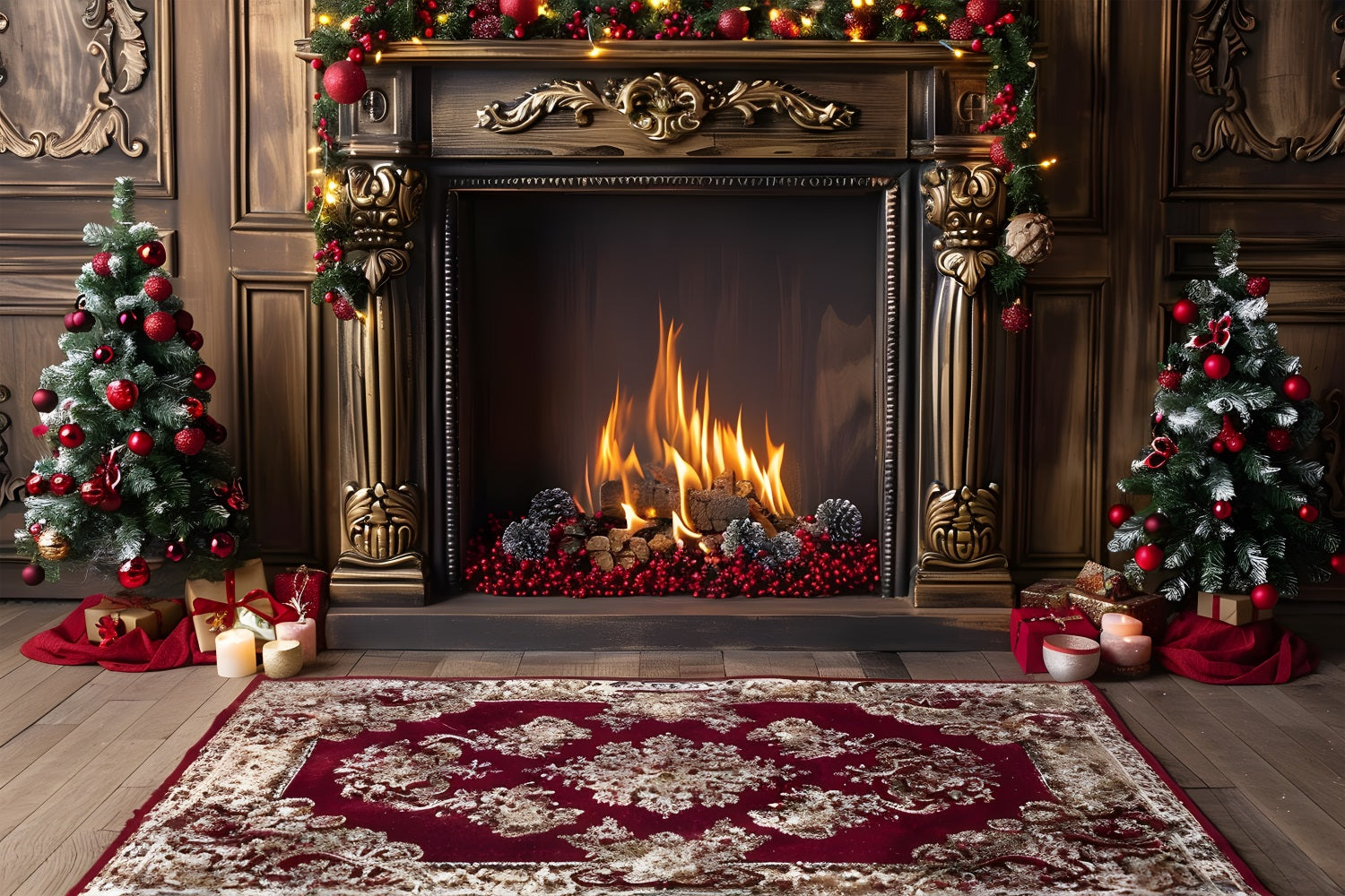 Weihnachten Elegante Kaminverzierung Rote Akzente Hintergrund RR7-631