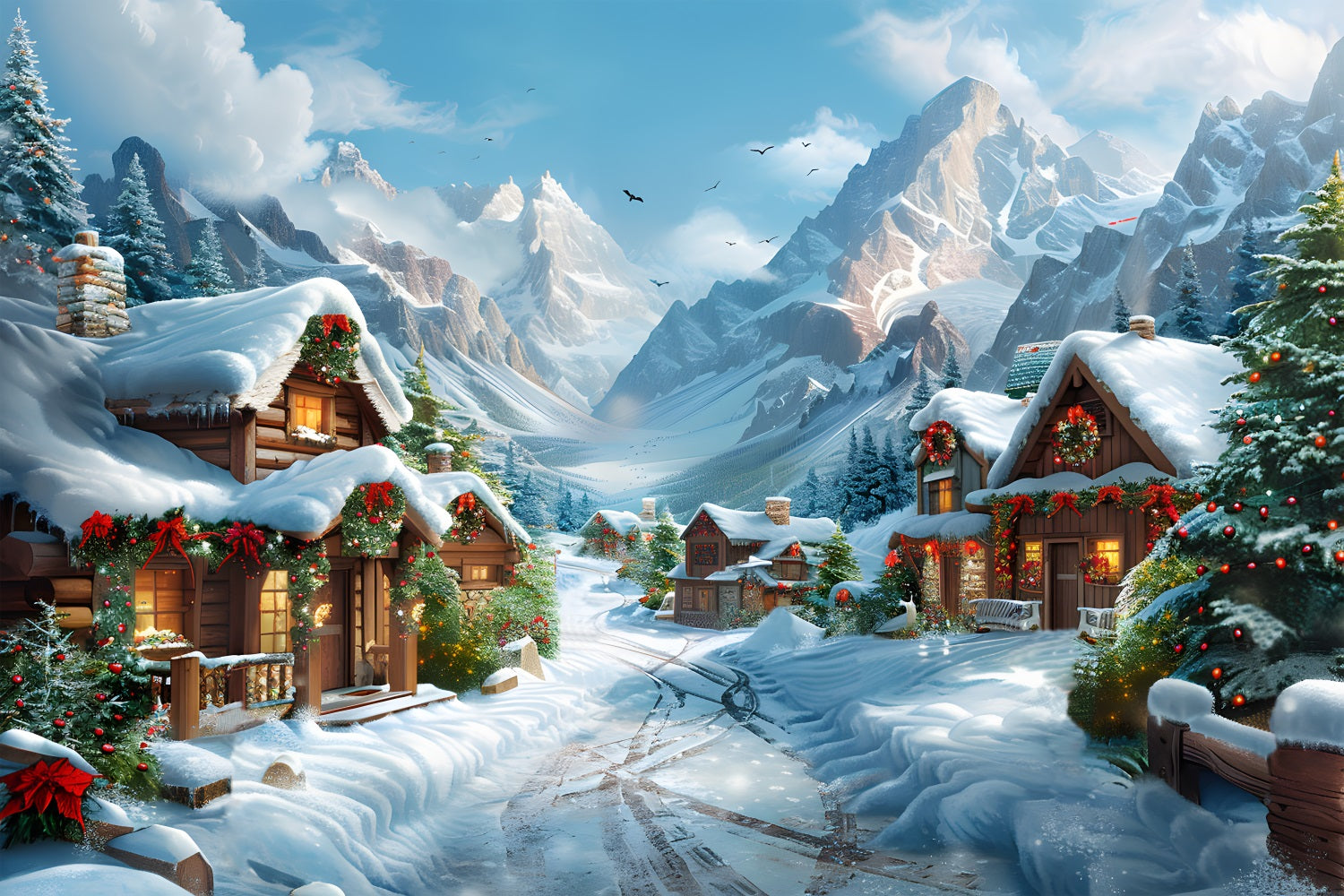 Weihnachtliches verschneites Alpendorf Hintergrund RR7-643