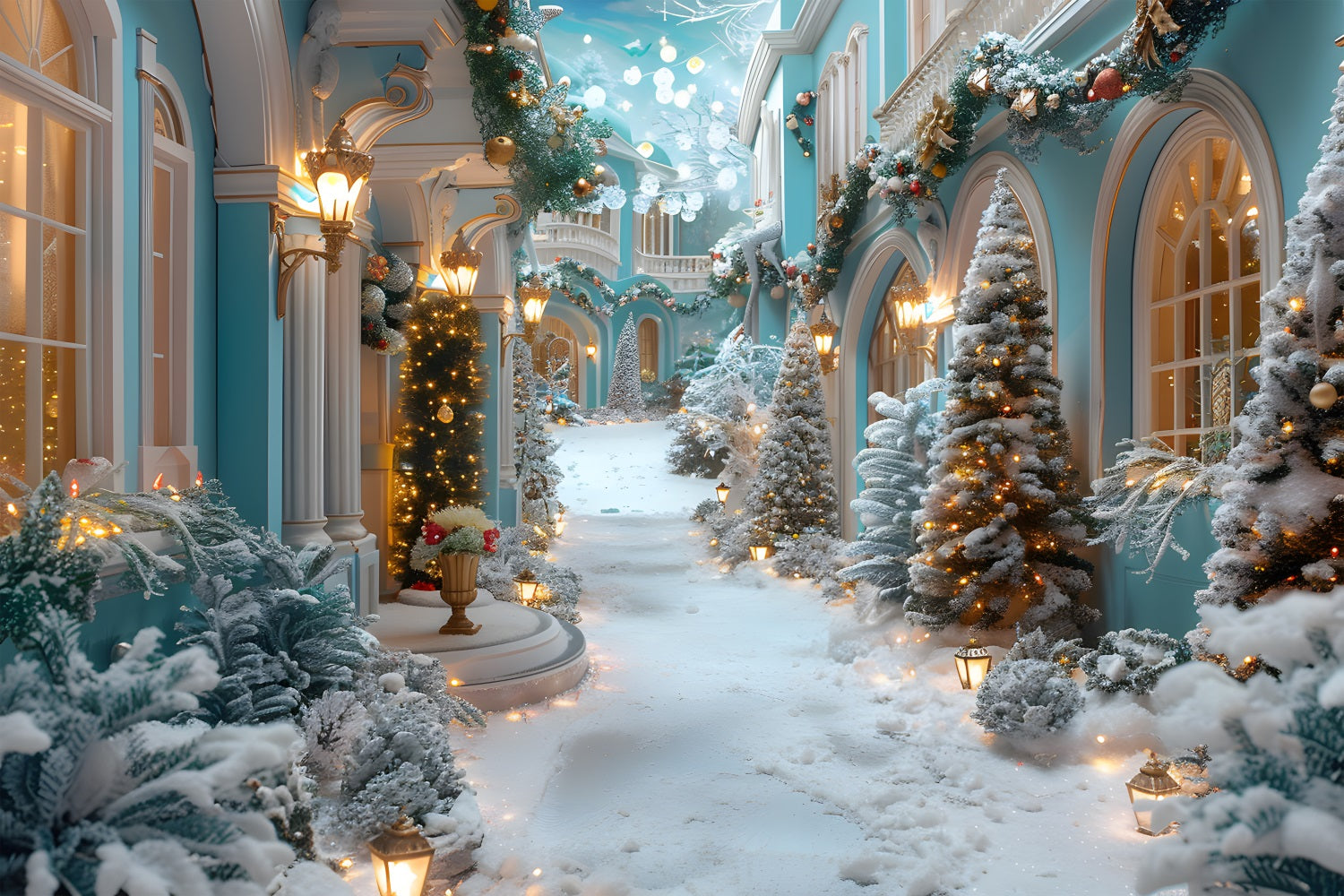 Weihnachtlicher verzauberter verschneiter Innenhof Hintergrund RR7-645