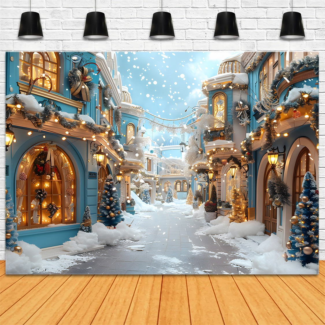 Weihnachten Festliches blaues Dorf verschneite Dekorationen Hintergrund Snowy RR7-646