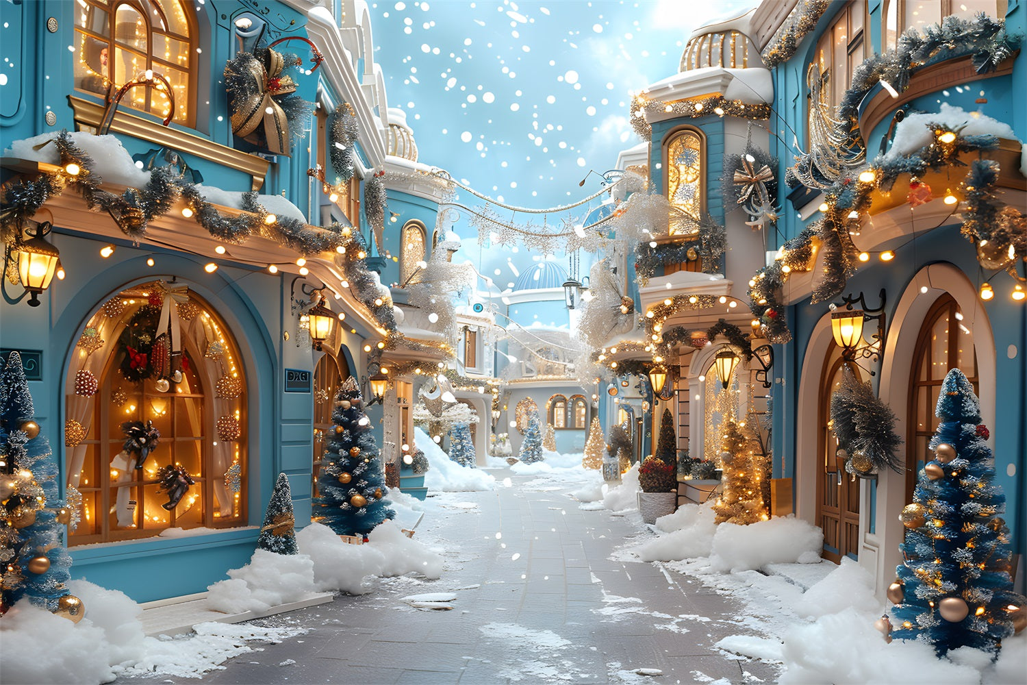 Weihnachten Festliches blaues Dorf verschneite Dekorationen Hintergrund Snowy RR7-646