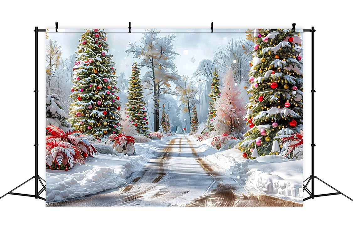 Weihnachts Waldweg Dekorierte Bäume Hintergrund RR7-652
