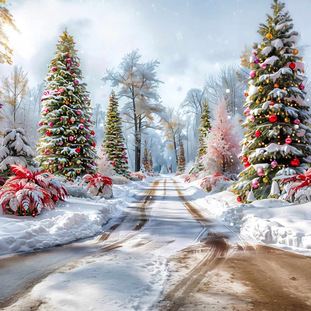 Weihnachts Waldweg Dekorierte Bäume Hintergrund RR7-652