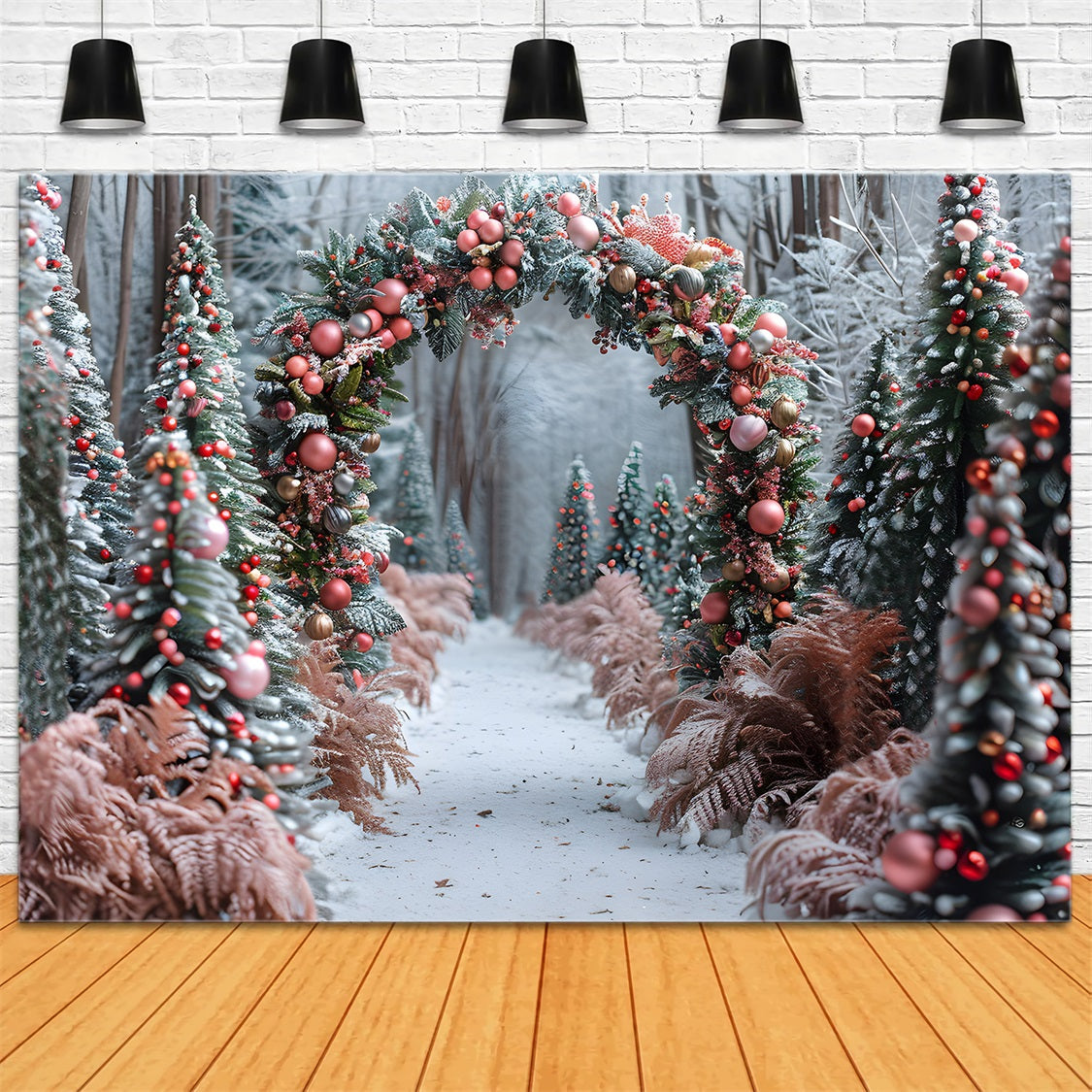 Weihnachten Rosa Gold Ornament Torbogen Wald Hintergrund RR7-653