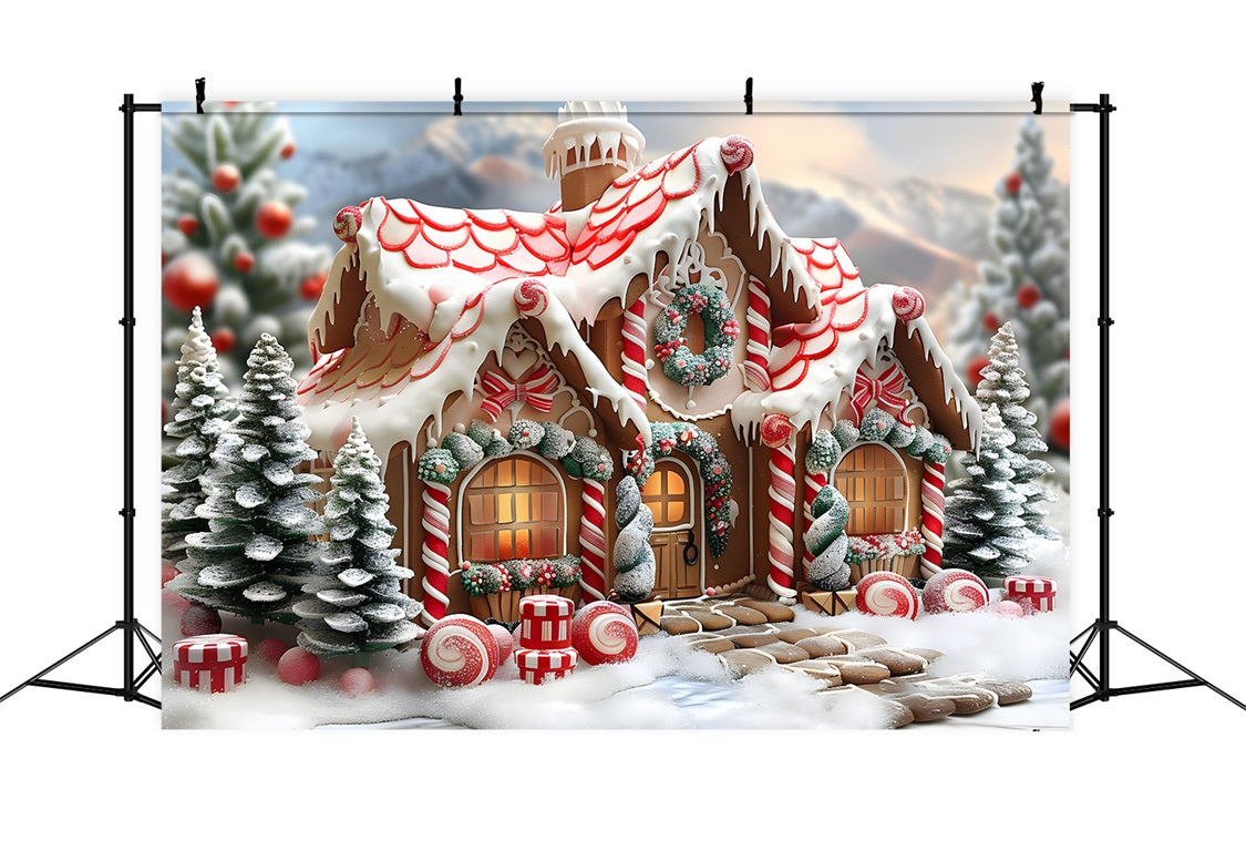 Weihnachts Lebkuchenhäuschen mit Zuckerstangen Hintergrund RR7-659