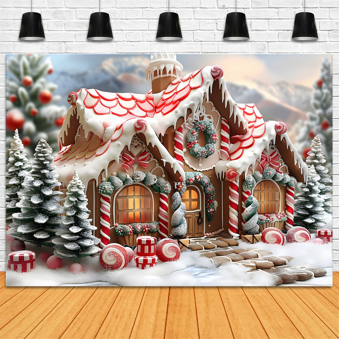 Weihnachts Lebkuchenhäuschen mit Zuckerstangen Hintergrund RR7-659