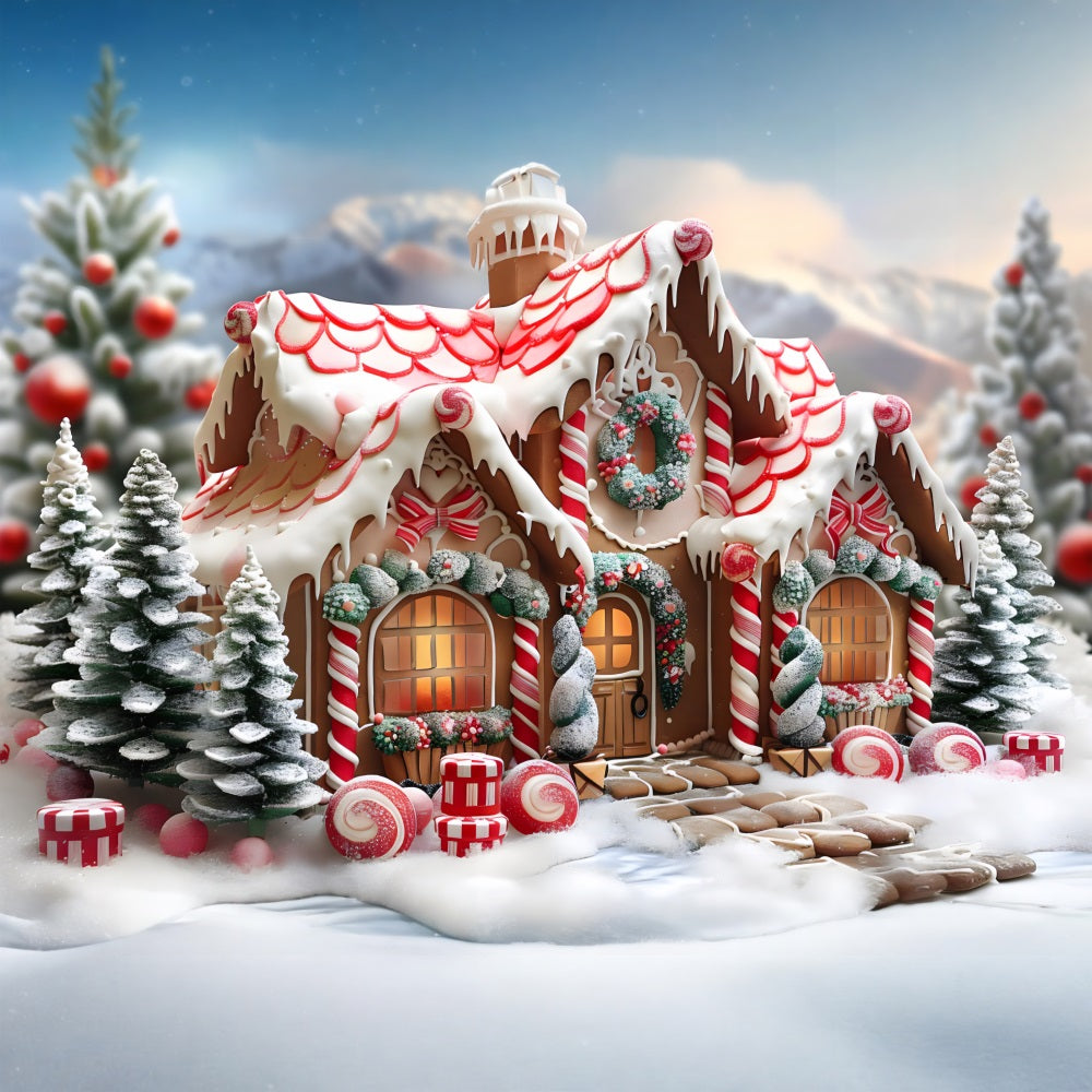 Weihnachts Lebkuchenhäuschen mit Zuckerstangen Hintergrund RR7-659