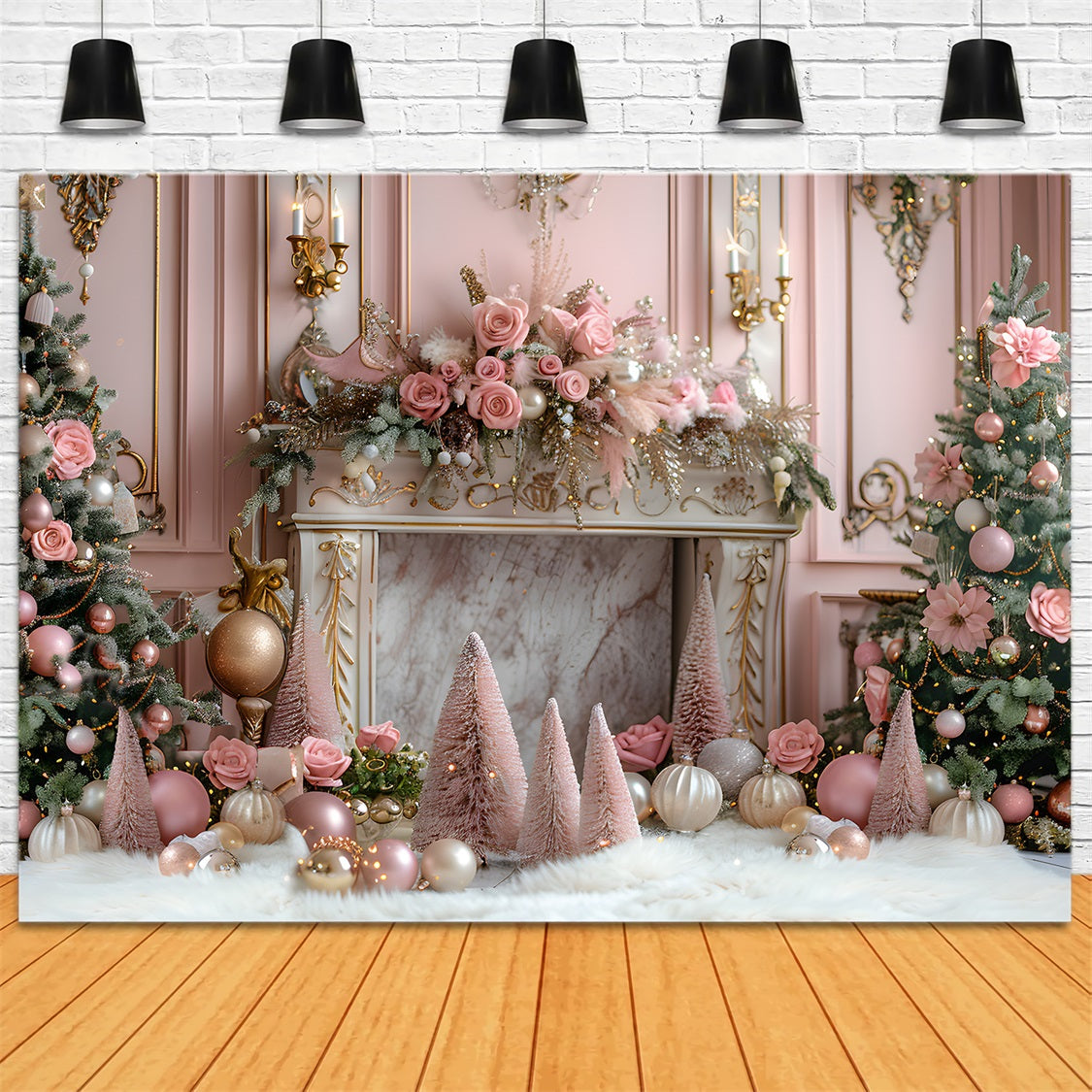 Weihnachten Rosa elegante Kamin dekoriert Bäume Hintergrund RR7-663