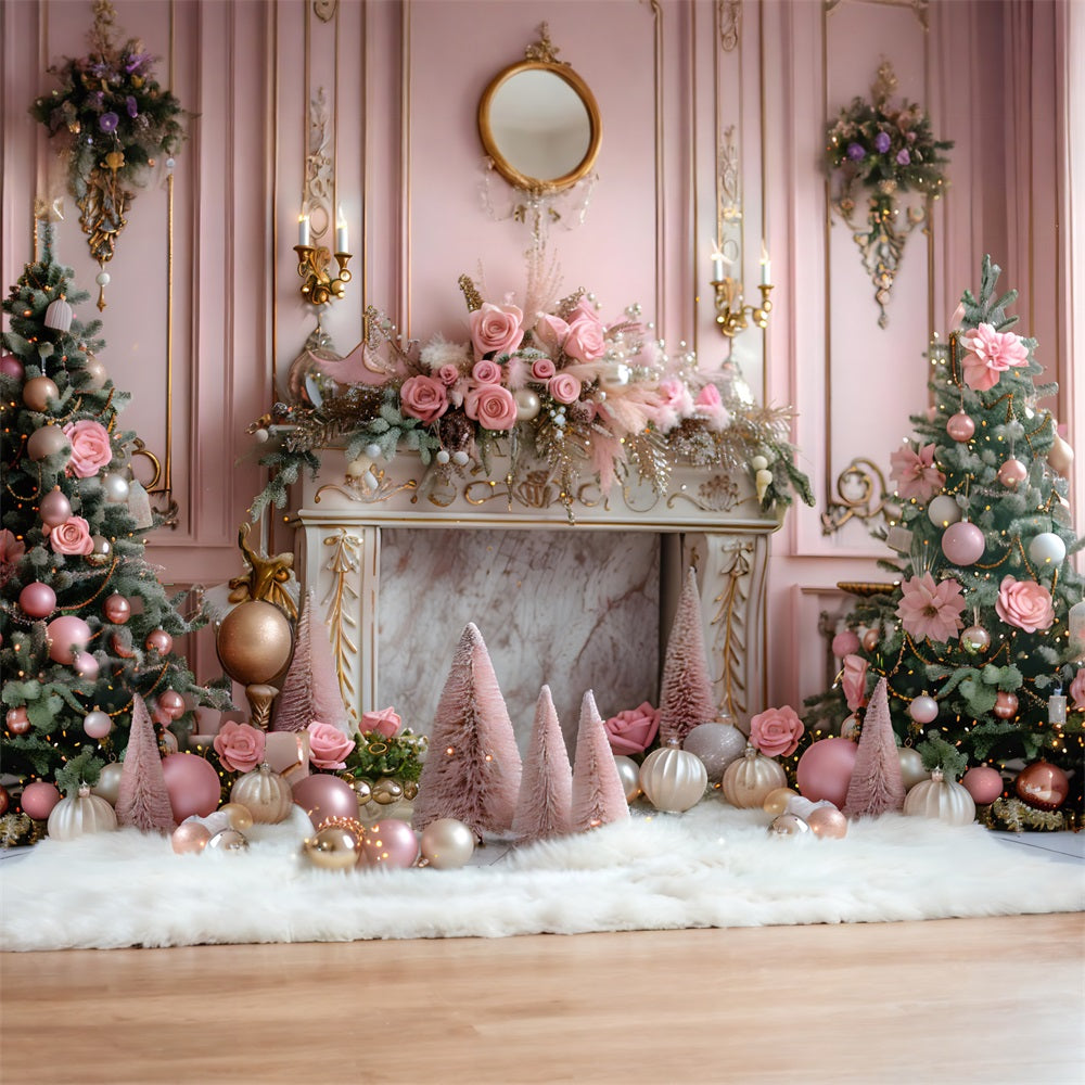 Weihnachten Rosa elegante Kamin dekoriert Bäume Hintergrund RR7-663