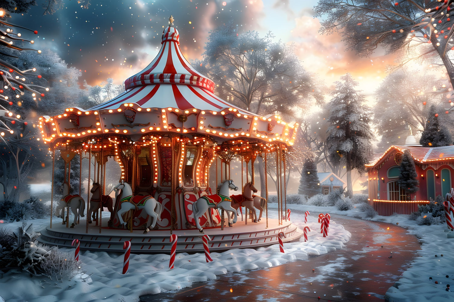 Weihnachten Karussell in der Abenddämmerung Winter Wonderland Hintergrund RR7-675