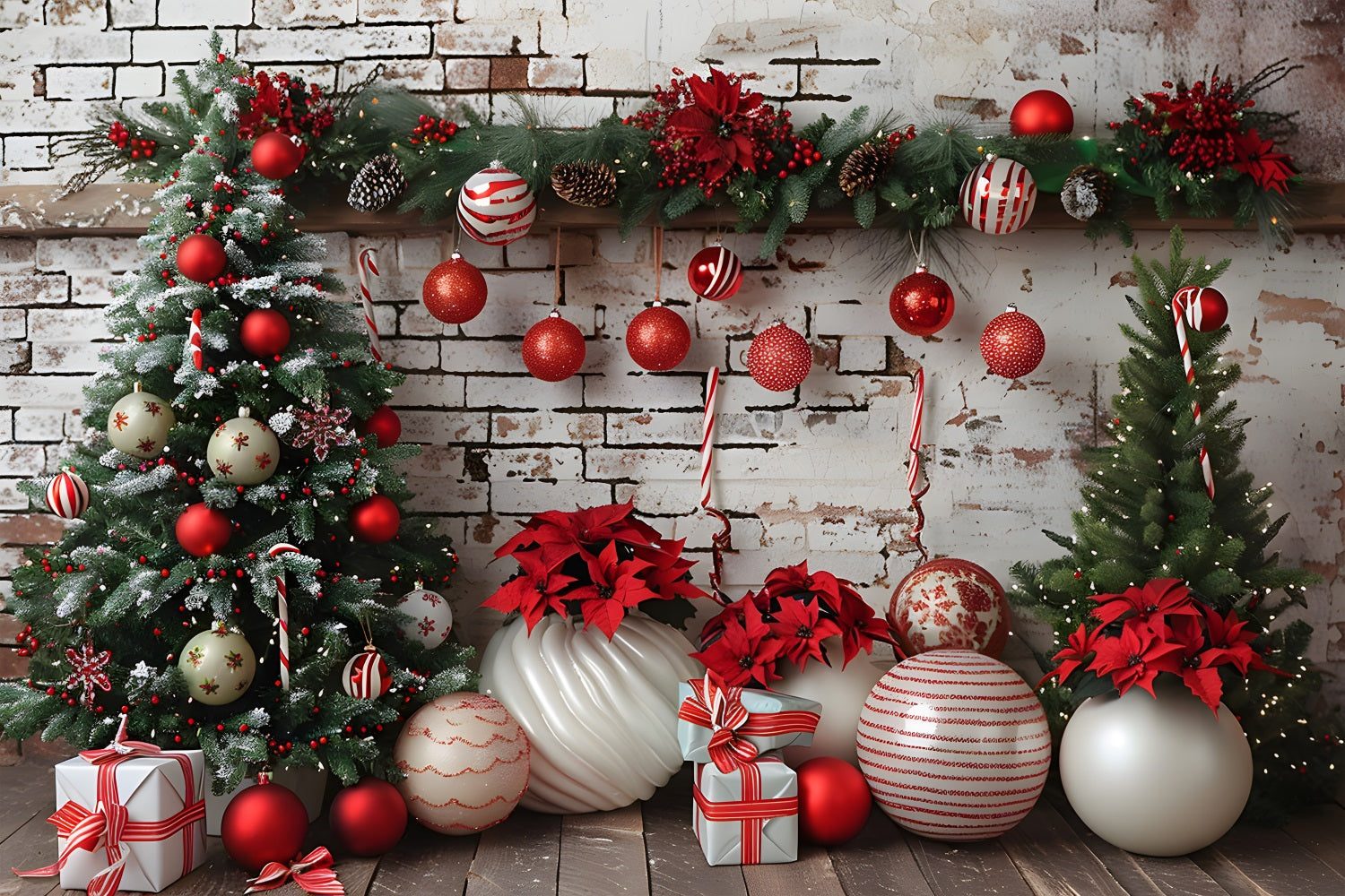 Weihnachten Rustikale Backsteinmauer Rot Weiß Ornamente Hintergrund RR7-677
