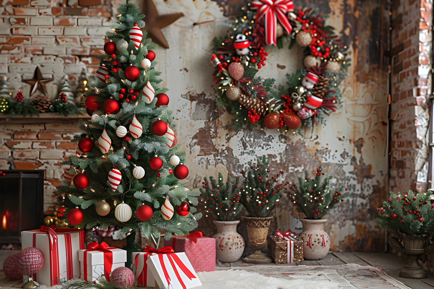 Weihnachten Gemütliche Backsteinmauer Rustikale Ornamente Hintergrund RR7-678