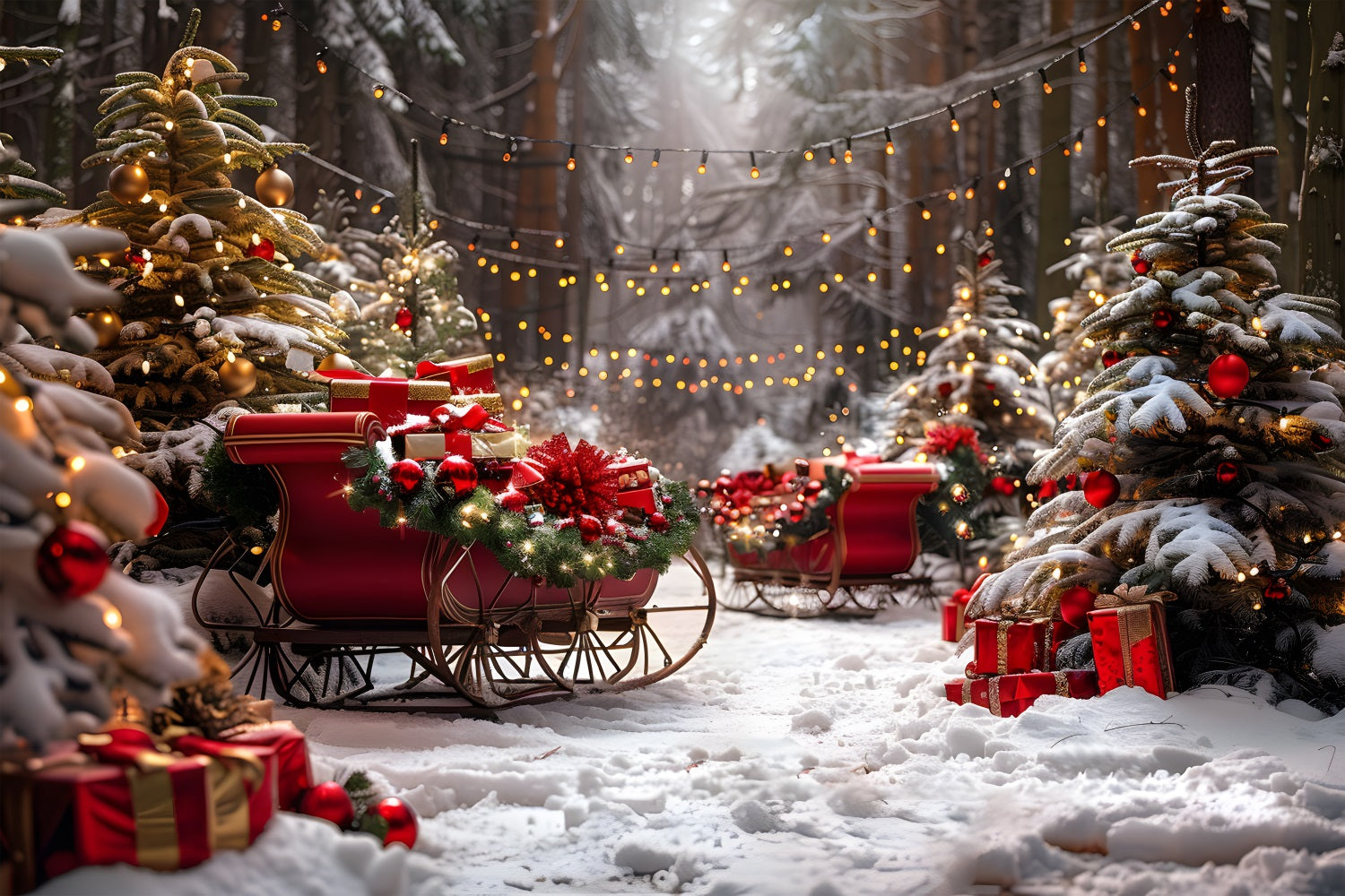 Weihnachtsschlitten und Lichter verschneiter Wald Hintergrund RR7-680