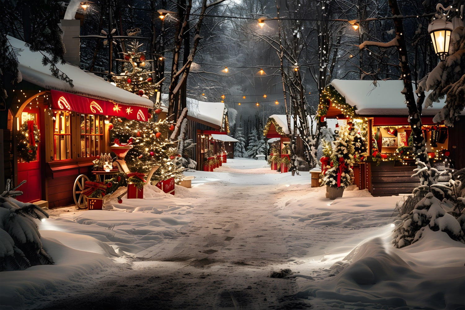 Weihnachtsmarktstände verschneiter Nachtwald Hintergrund RR7-681