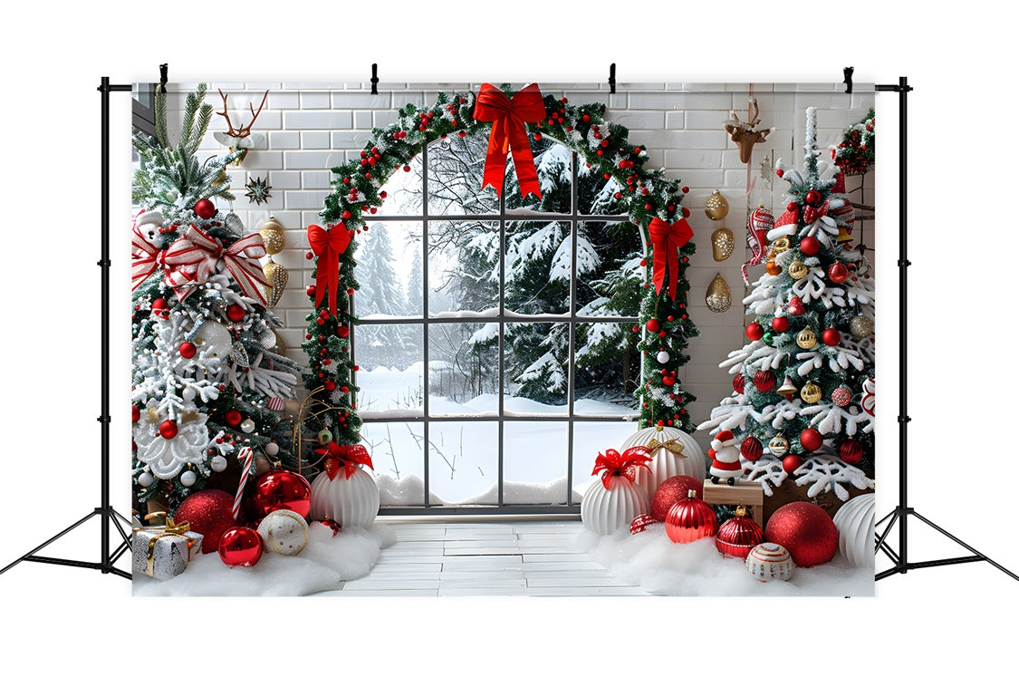 Weihnachten Gemütlicher Fensterblick Dekorierte Bäume Hintergrund RR7-686