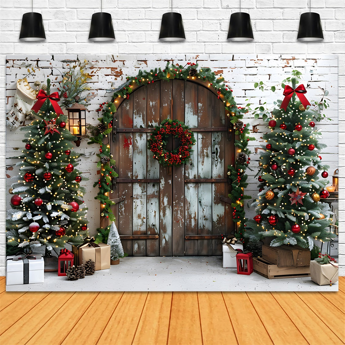 Rustikale Weihnachtstür mit festlichen Bäumen Hintergrund RR7-687