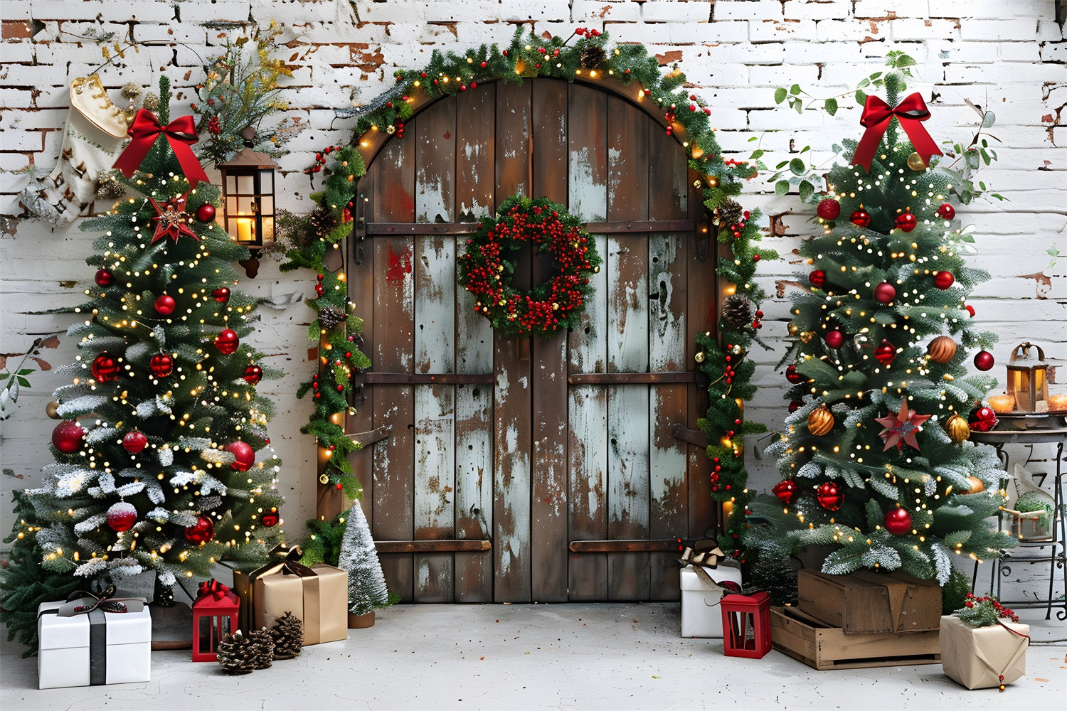 Rustikale Weihnachtstür mit festlichen Bäumen Hintergrund RR7-687