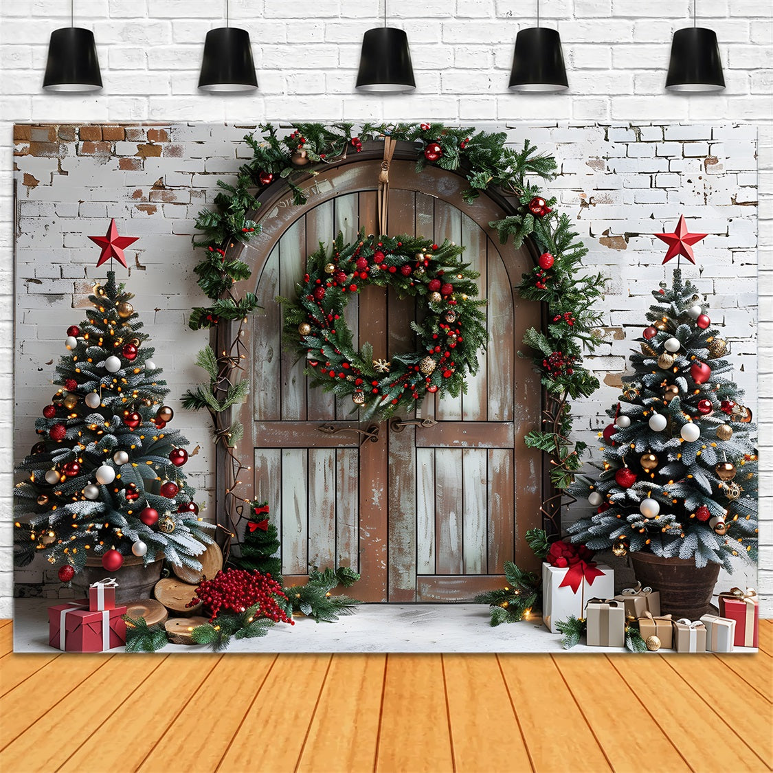 Rustikale Weihnachtstür mit festlichen Bäumen Hintergrund RR7-688