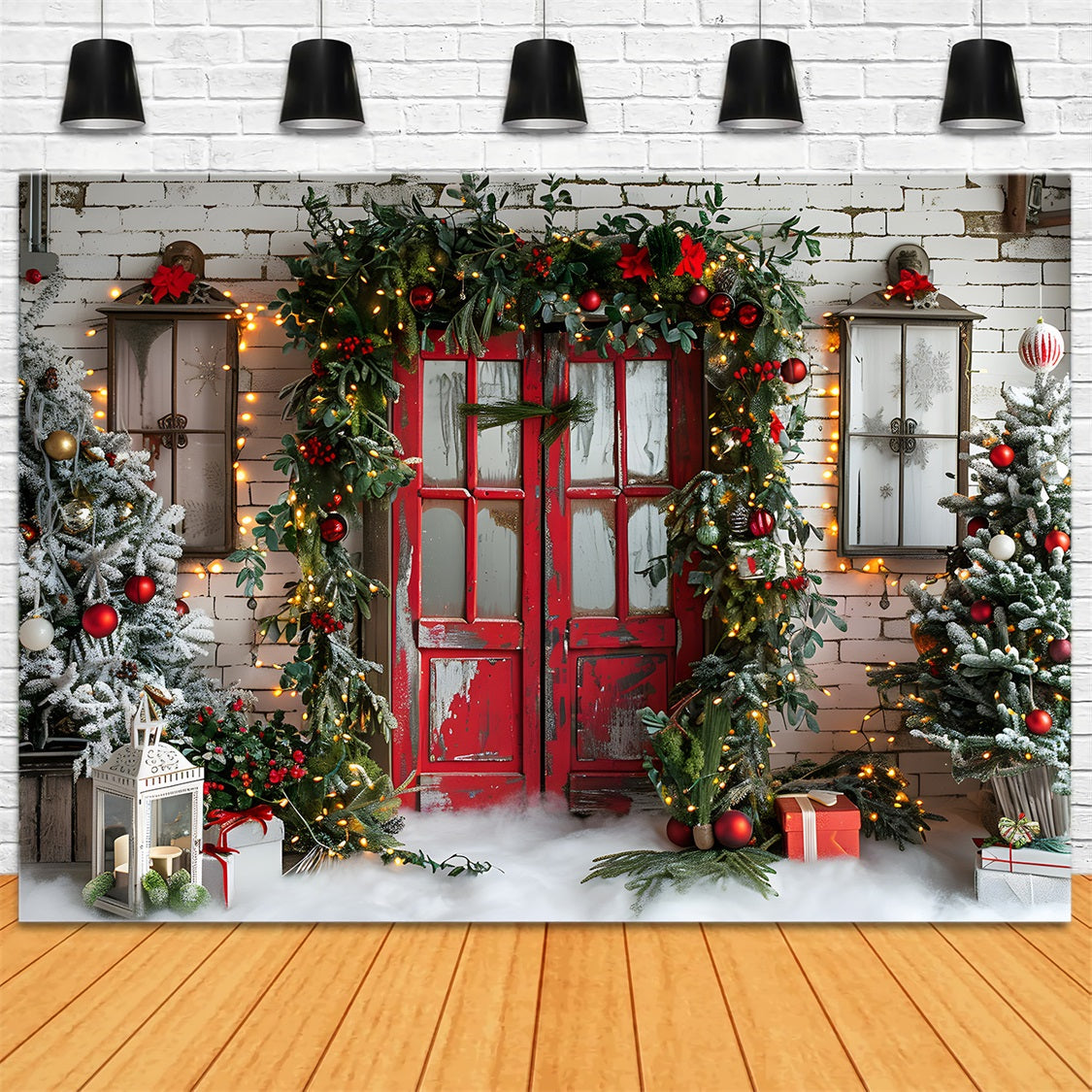 Rustikale rote Weihnachtstür mit festlicher Girlande Hintergrund RR7-689