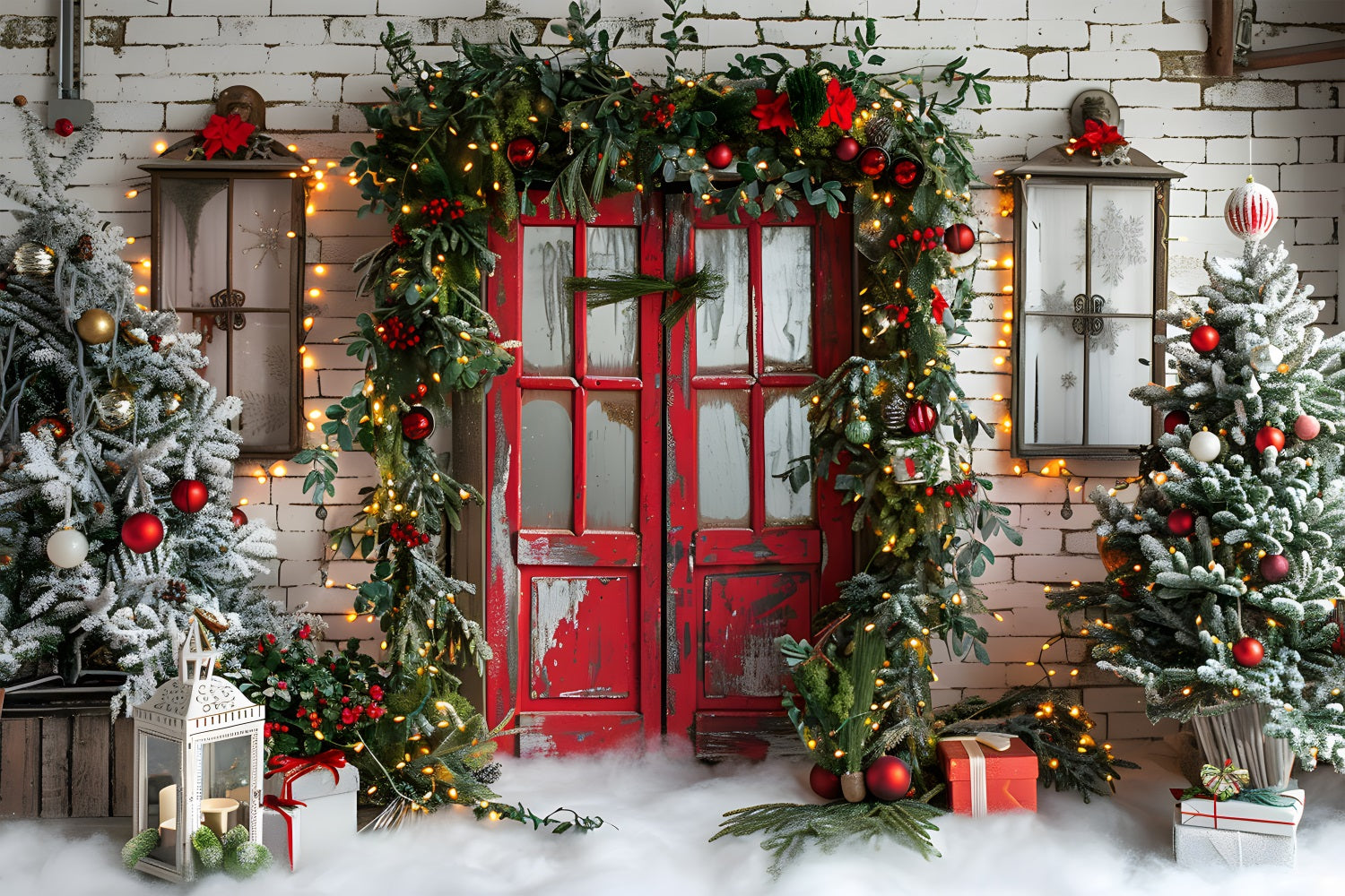 Rustikale rote Weihnachtstür mit festlicher Girlande Hintergrund RR7-689