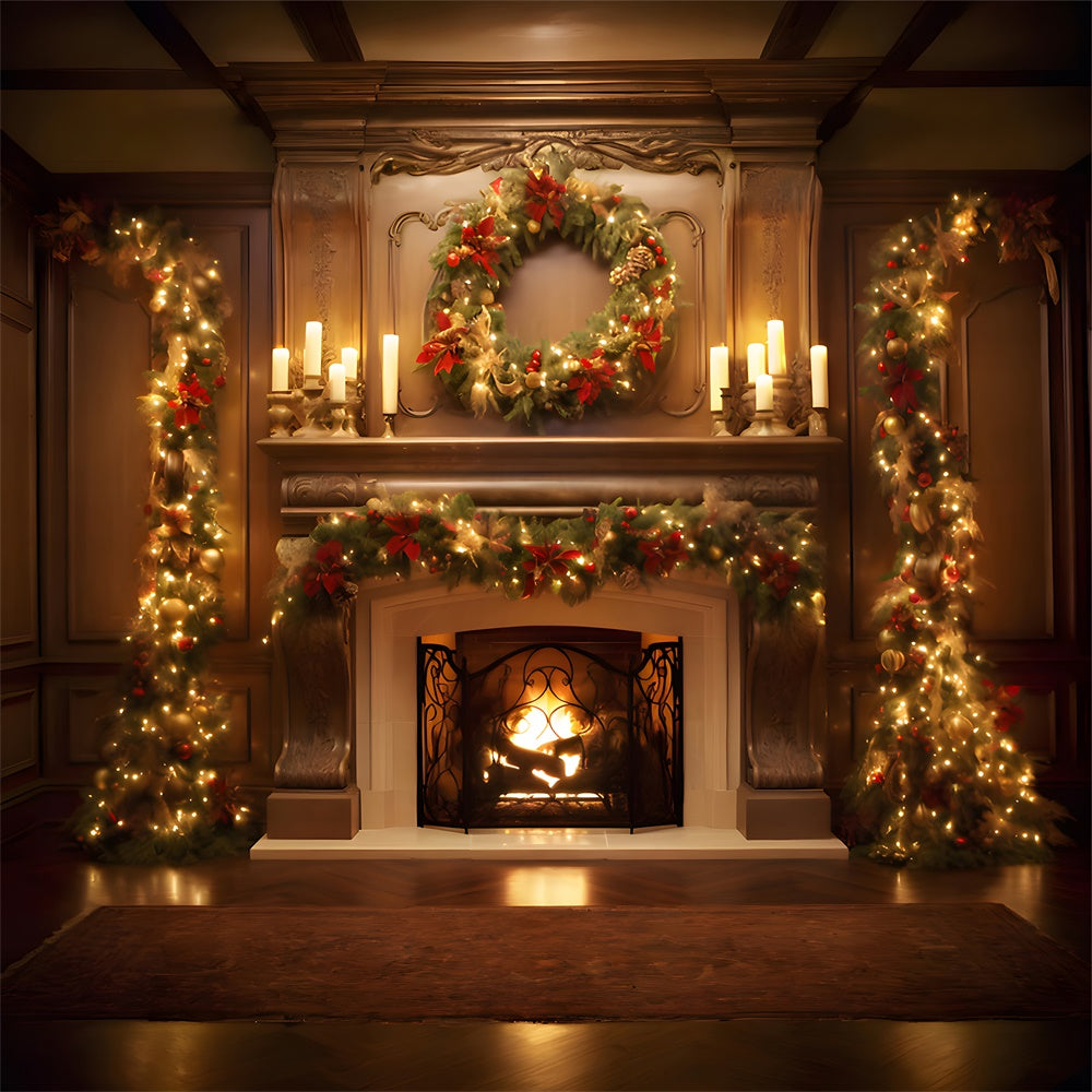 Weihnachten Glühender Kranz Kamin Kerzen Hintergrund RR7-712