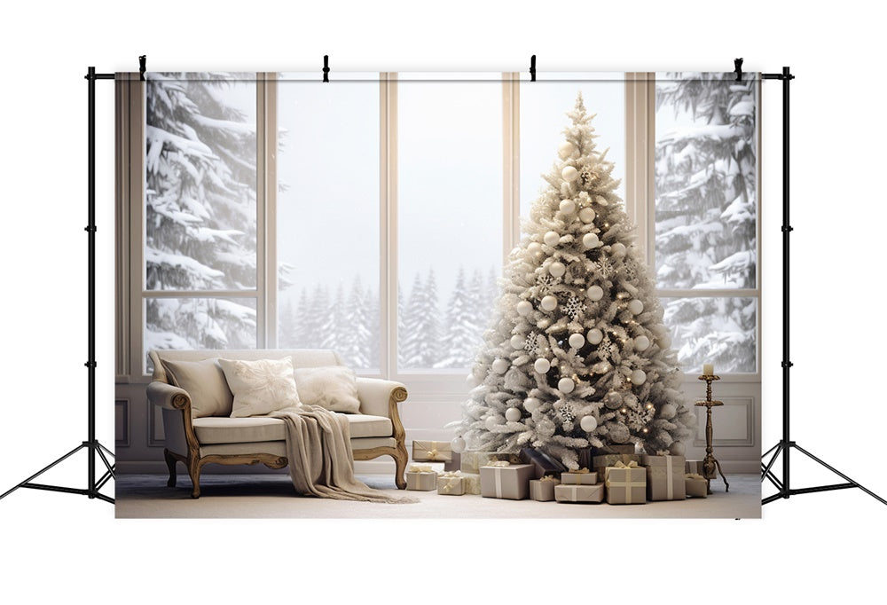 Gemütliches Zimmer Weihnachtsbaum Fenster Schnee Hintergrund RR7-726
