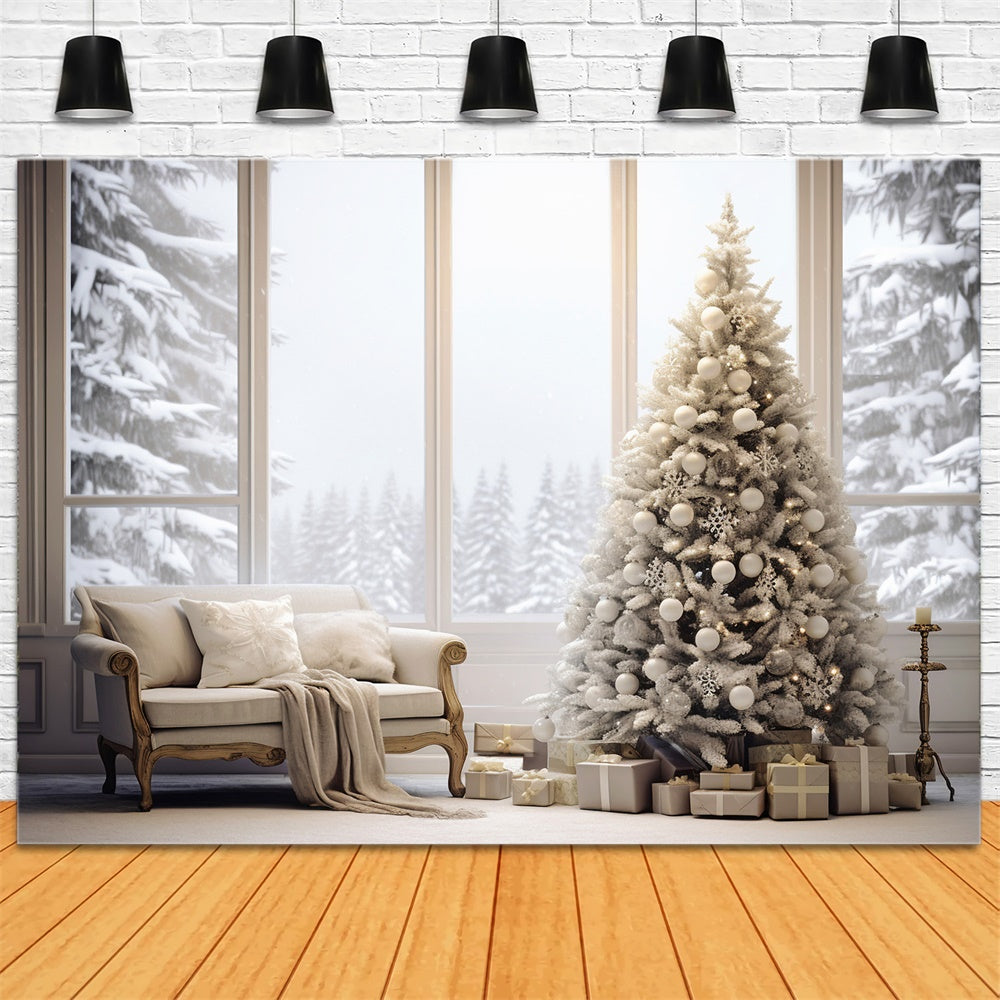 Gemütliches Zimmer Weihnachtsbaum Fenster Schnee Hintergrund RR7-726