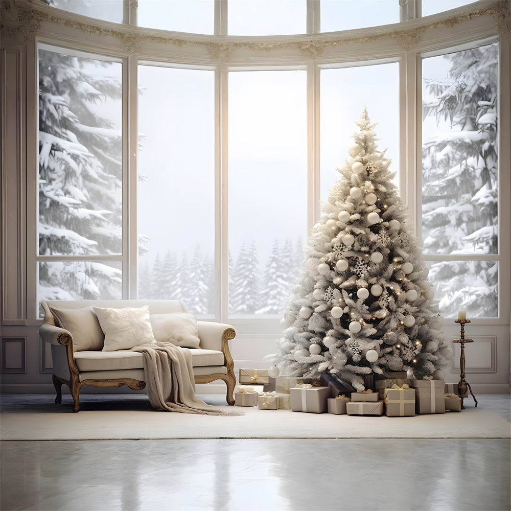 Gemütliches Zimmer Weihnachtsbaum Fenster Schnee Hintergrund RR7-726