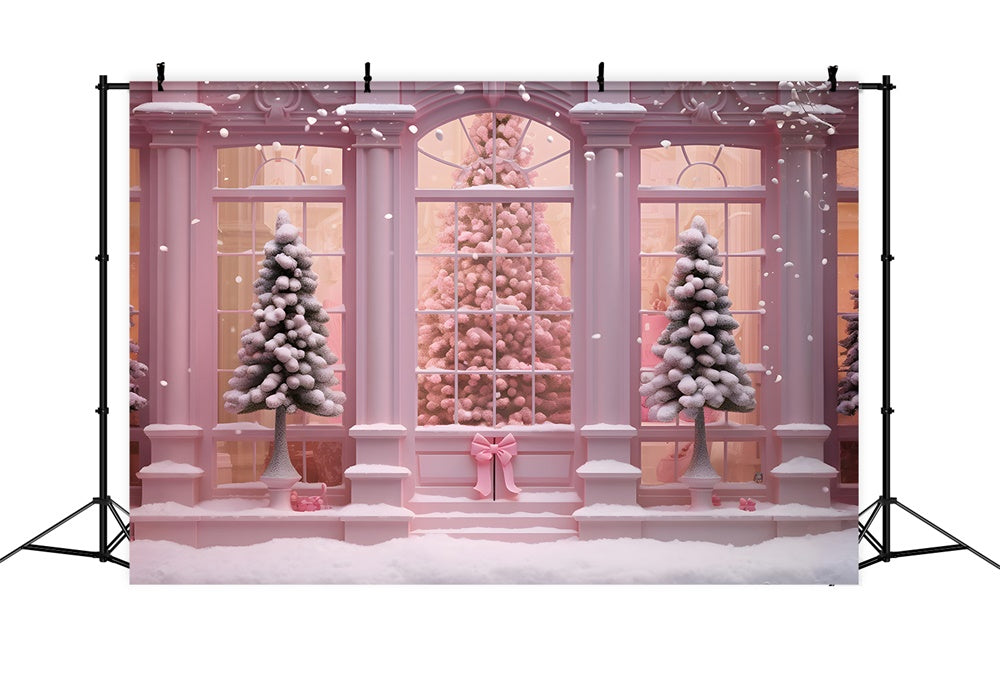 Rosa Weihnachtsbaum Haus Fenster Hintergrund RR7-762