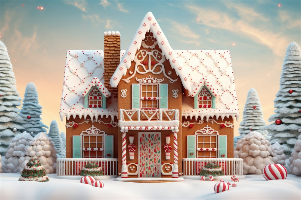 Schnee Weihnachtsbaum Lebkuchenhaus Hintergrund RR7-806