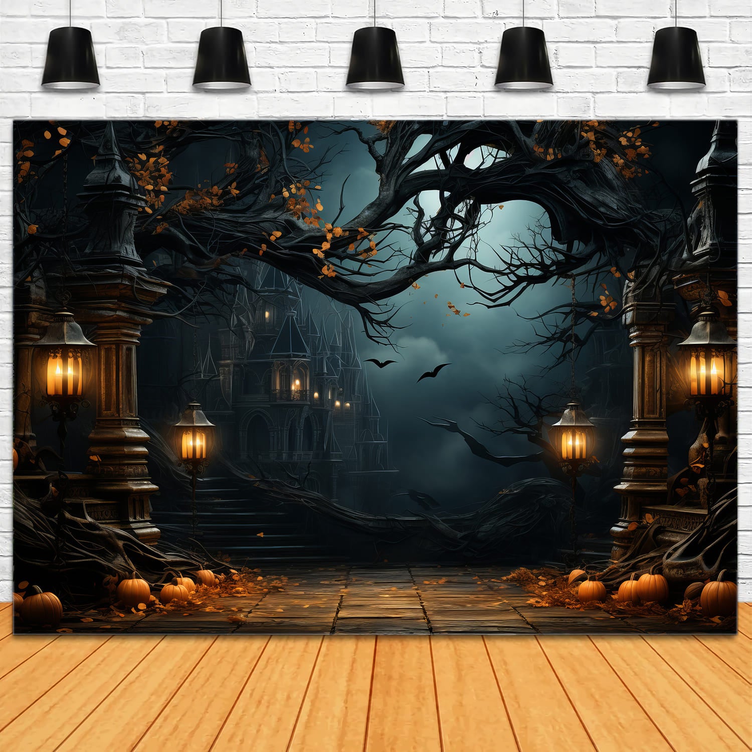 Gespenstische Halloween Wald Kürbislaternen Hintergrund RR7-81