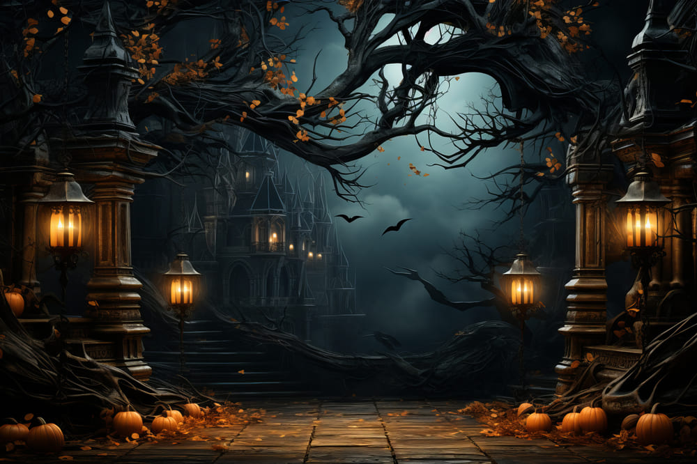 Gespenstische Halloween Wald Kürbislaternen Hintergrund RR7-81
