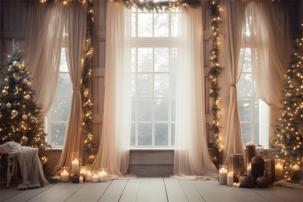 Weihnachtsbaum Lichter Fenster Vorhang Hintergrund RR7-812