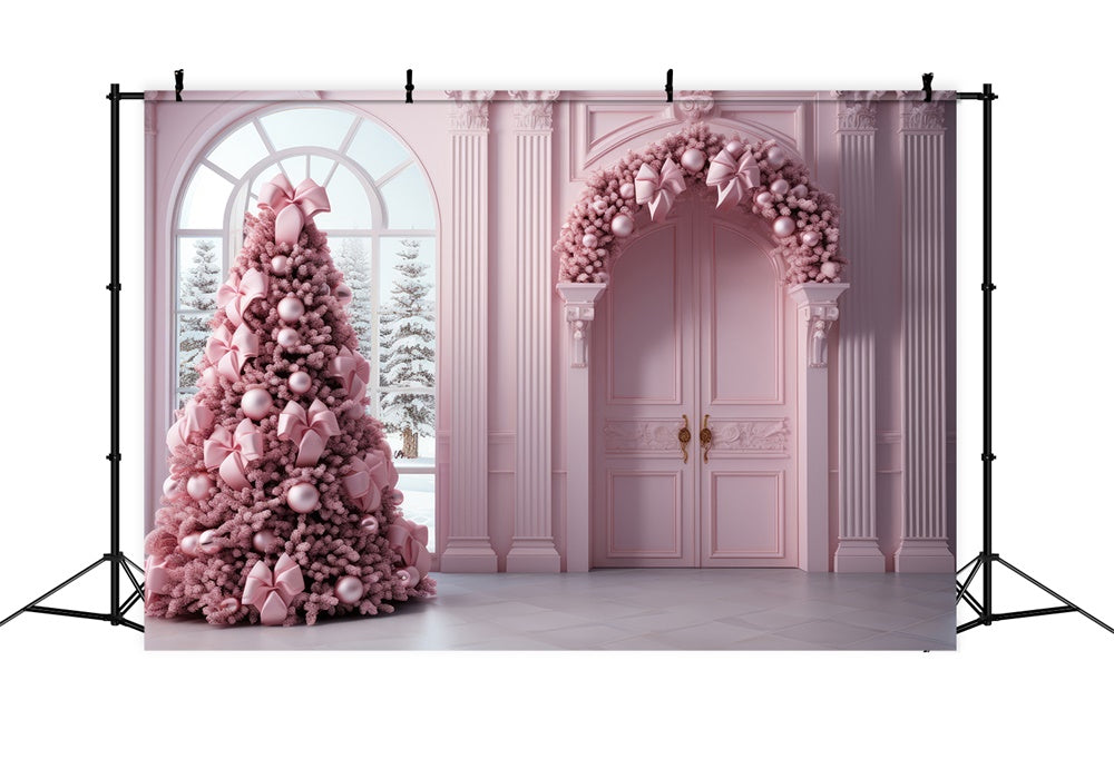 Rosa Weihnachtsbaum Girlande Tür Hintergrund RR7-823
